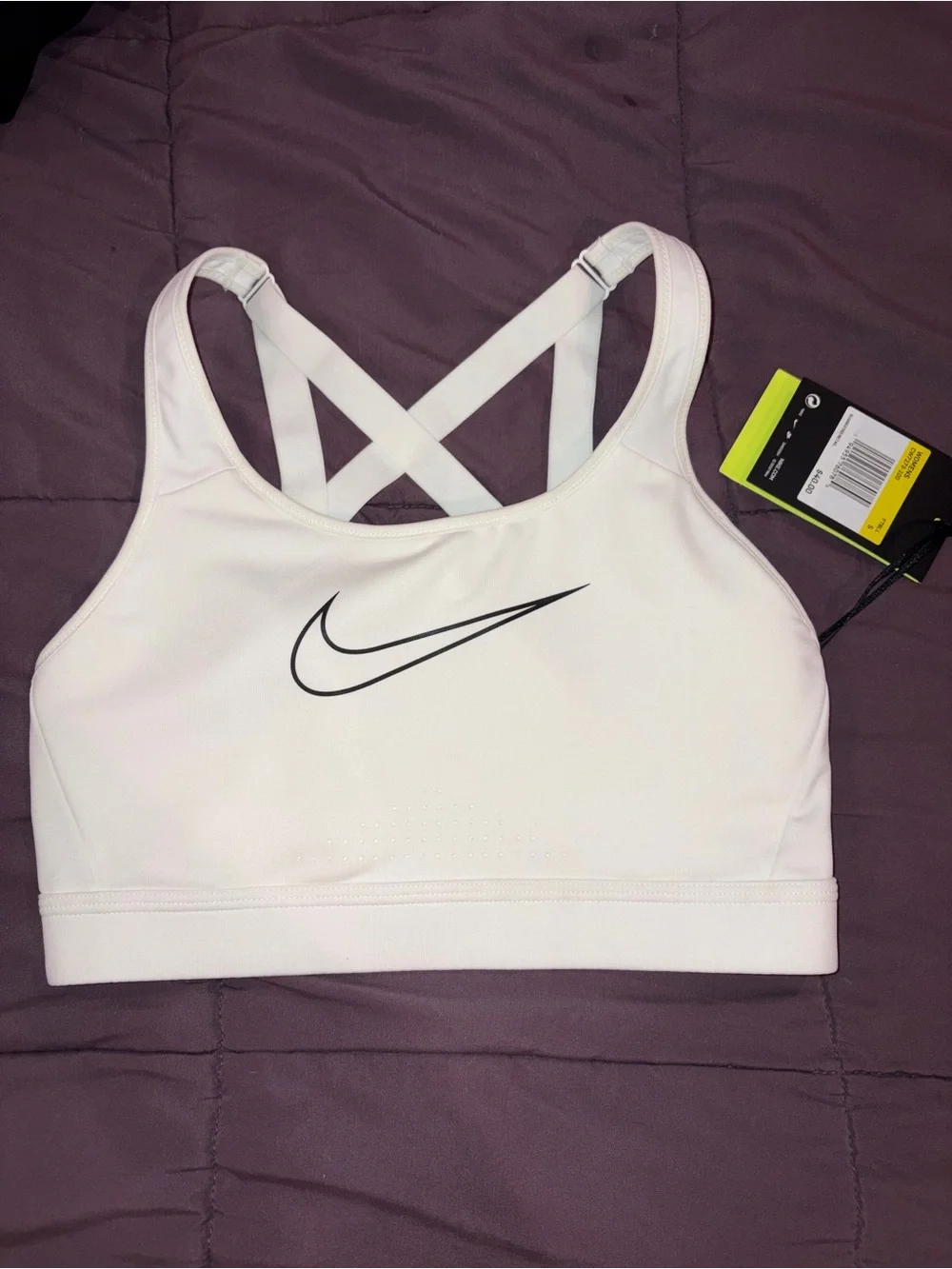 Nike White Cross-Back Medium Support Sports Bra with Black Swoosh Size Small NWT